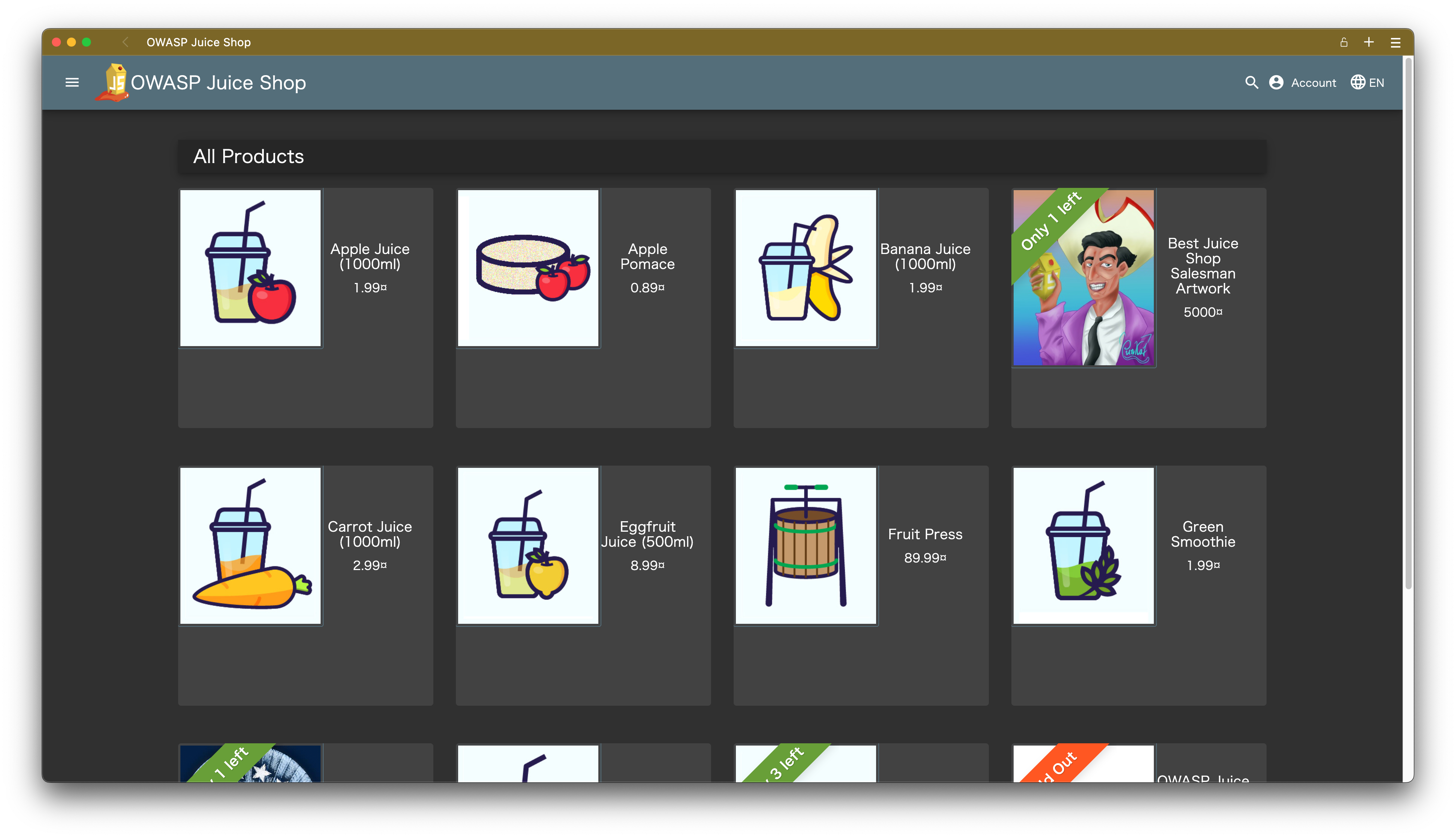 OWASP Juice Shop のトップページ