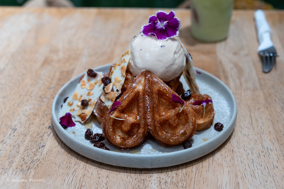 ワッフルとラムレーズンのアイスクリーム